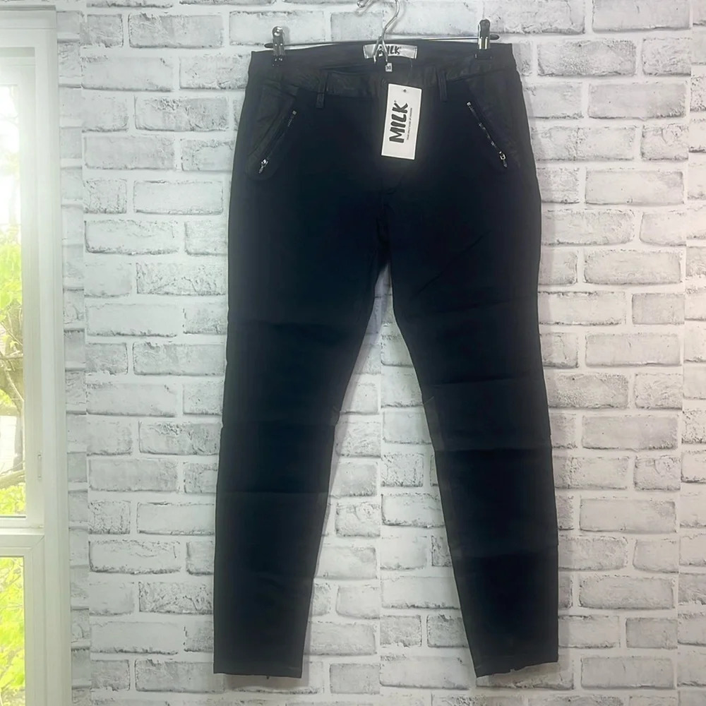 MILK Denim Black Coated Skinny Jeans Zipper Back Ankle  NWT 30